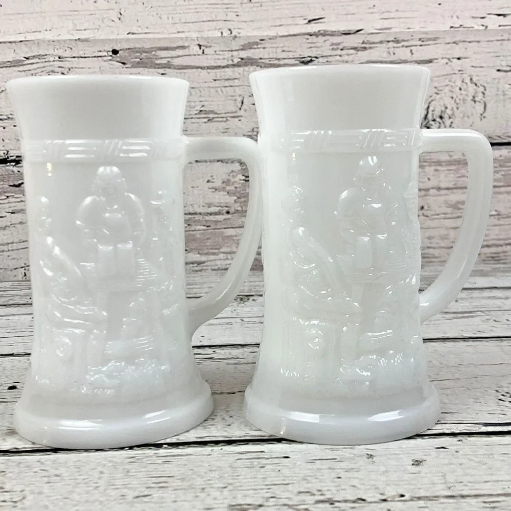 Federal Milk Glass Beer Steins: Tavern Scene, Moonglow Iridescent - Set of 2